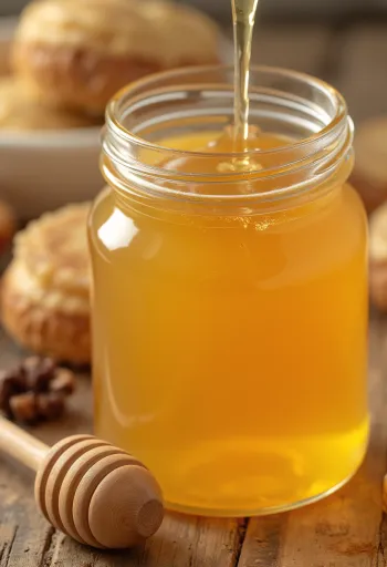 סירופ אגבה בבקבוק זכוכית וכף עץ נוטפת סירופ