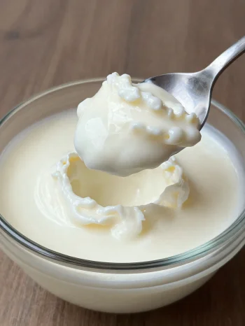 חלב חמוץ בקערת קרמיקה כפרית, עם כף ומרקם גבני עדין