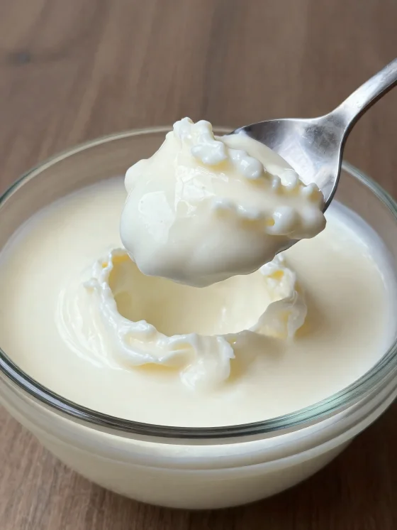 חלב חמוץ בקערת קרמיקה כפרית, עם כף ומרקם גבני עדין