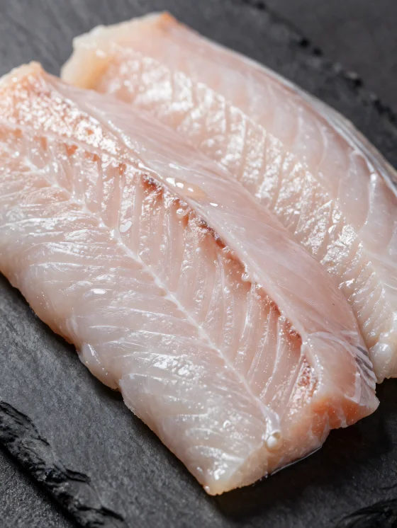 פילה צלופח טרי עם תבלינים על קרש חיתוך מעץ