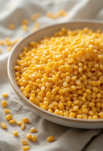 זרעי פשתן זהובים מפוזרים על משטח עץ