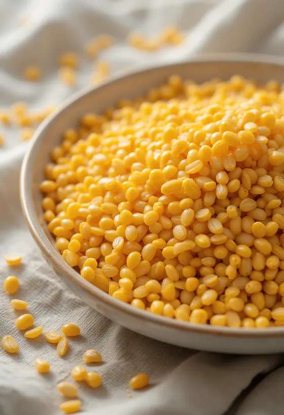 זרעי פשתן זהובים מפוזרים על משטח עץ