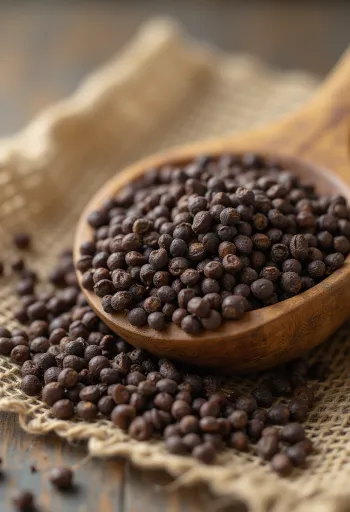 זרעי חרדל חום שלמים כתבלין יבש על משטח עץ