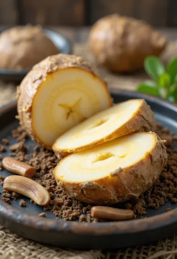 שורש דקורית (בורדוק) טרי ופרוס, קליפה חומה ותוך בהיר