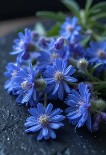 פרחי בוראז' כחולים נקיים על קרש חיתוך לקישוט מנות