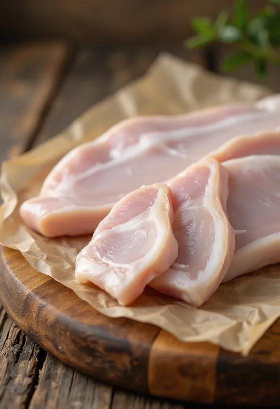 פרוסות עור חזיר גולמי על קרש חיתוך מעץ, נקי ומוכן לבישול