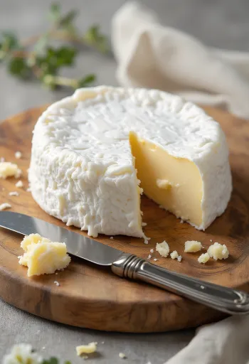 גבינת ברי פרוסה על קרש חיתוך מעץ, עם פנים קרמי