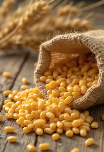 גרגרי חיטה נקיים בשקית ובפיזור על משטח עץ