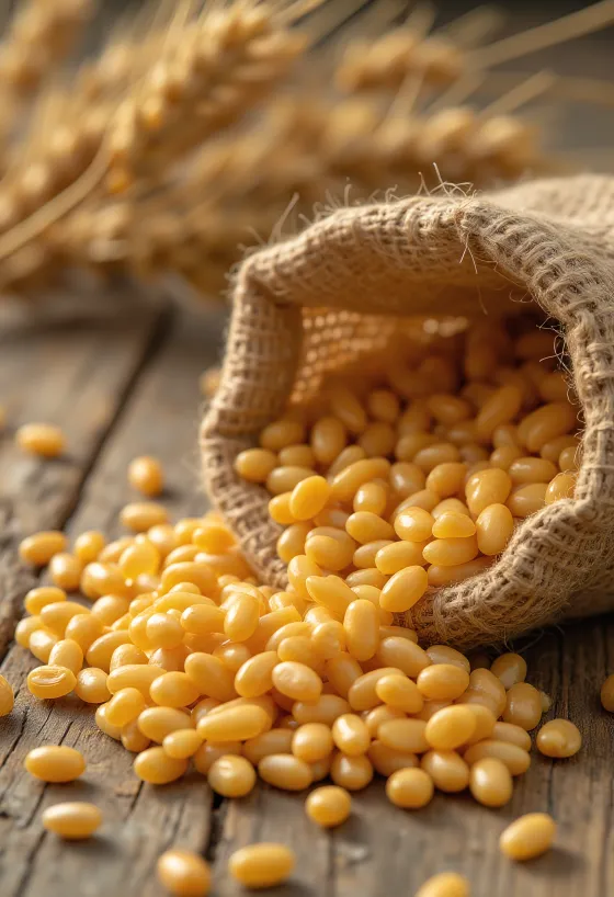 גרגרי חיטה נקיים בשקית ובפיזור על משטח עץ