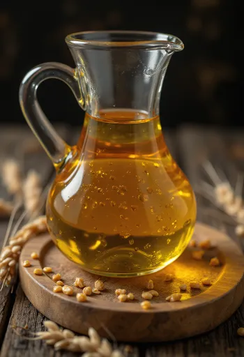 שמן נבט חיטה זהוב בקערית זכוכית לצד גרעיני חיטה