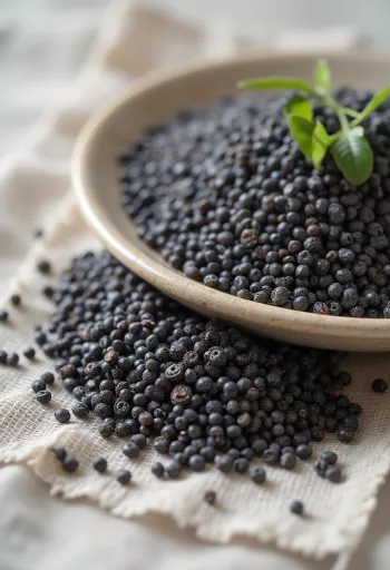 זרעי צ'יה שחורה מפוזרים בתקריב על רקע לבן