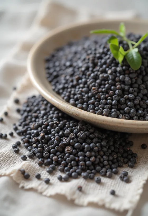 זרעי צ'יה שחורה מפוזרים בתקריב על רקע לבן