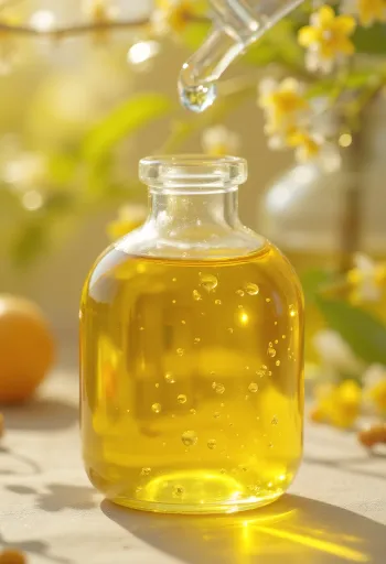 שמן צ'יה בבקבוקון זכוכית לצד זרעי צ'יה בקערת עץ