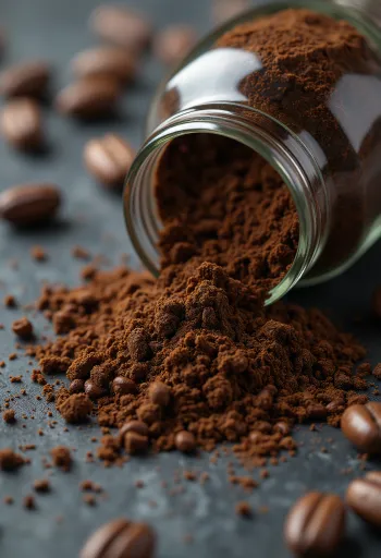 גרגירי קפה עולש קלויים ושורש עולש מיובש בקערת עץ