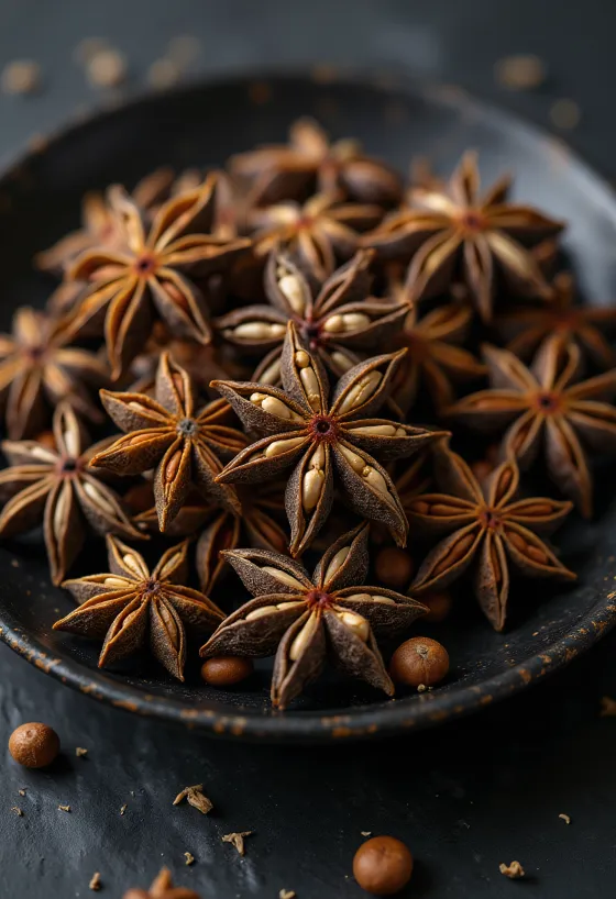 כוכבי אניס שלמים מיובשים על משטח עץ