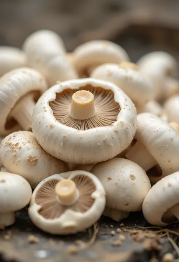 פטריות שמפיניון טריות, שלמות ופרוסות על משטח עץ במטבח