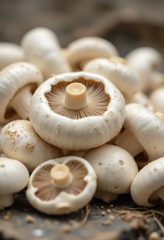 פטריות שמפיניון טריות, שלמות ופרוסות על משטח עץ במטבח