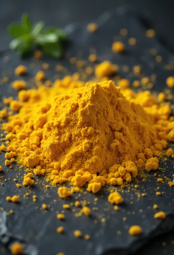 אבקת קארי צהובה בקערה ומפוזרת על משטח עץ כפרי