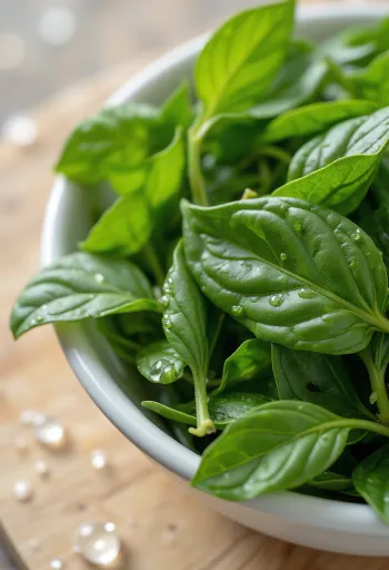 עלי קארי טריים על משטח עץ, חלקם קצוצים בקערה