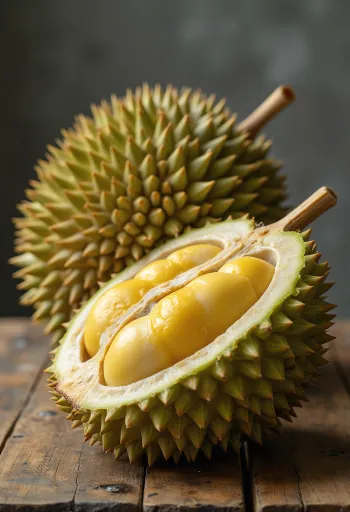 פרי דוריאן שלם ופתוח עם קליפה קוצנית ותוך צהוב קרמי