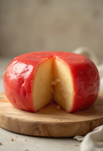 גבינת אדאם פרוסה עם ציפוי שעווה אדום על קרש גבינות