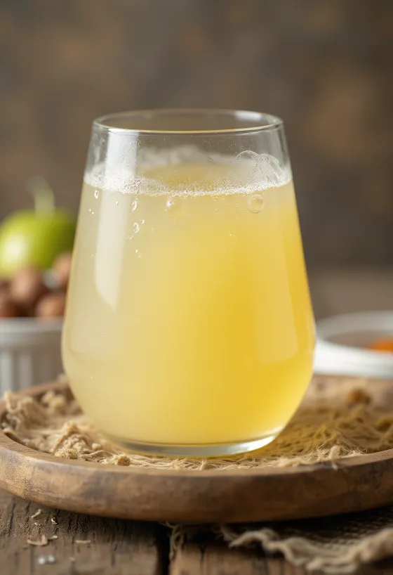 מי גבינה צלולים בכלי זכוכית לצד בקבוק נוזל טרי