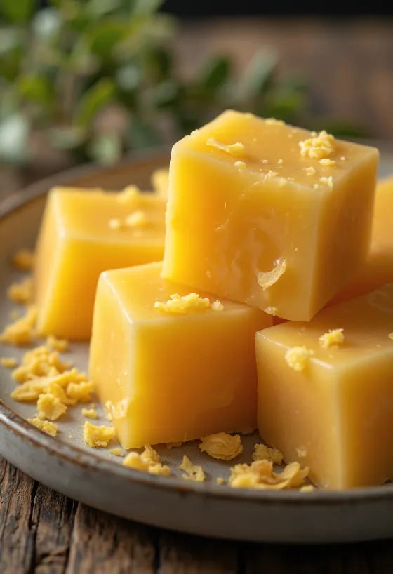 דונג דבורים צהוב בגושים ובפתיתים על משטח עץ