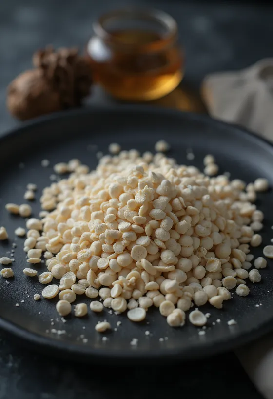 גרגרי פרג לבן בתקריב, ערימה של זרעים בהירים