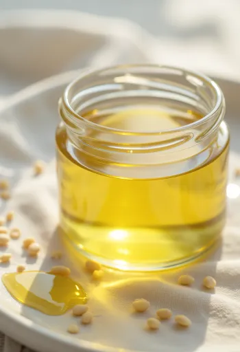 שמן שומשום בהיר בבקבוק זכוכית וקערית, לצד זרעי שומשום