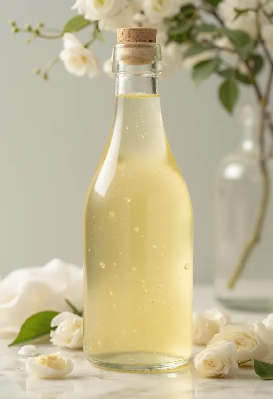 בקבוק חומץ בן יין לבן צלול לצד ענבים לבנים טריים