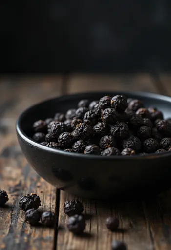 גרגרי פלפל שחור שלמים בקערת עץ ובחזית