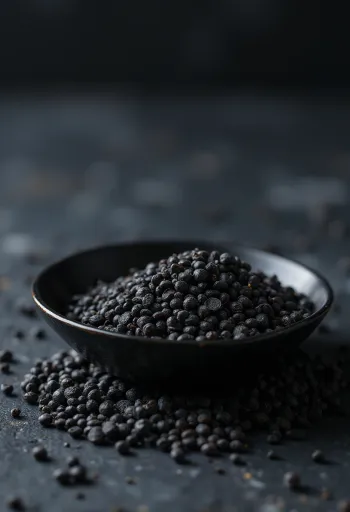 זרעי חרדל שחור שלמים בקערת קרמיקה על רקע עץ