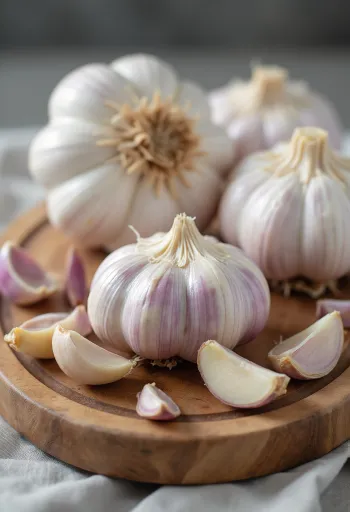 ראשי שום שלמים ושיני שום קלופות על משטח עץ