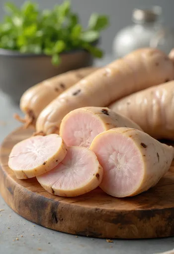 שורש גלנגל טרי פרוס, מציג את קליפתו הבהירה והליבה הנוקשה