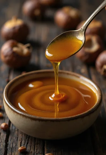 דבש ערמונים כהה בצנצנת עם מקל דבש ופרחים