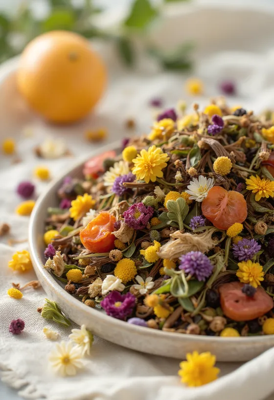 תערובת חליטת צמחים בתפזורת בקערה, עם עלי נענע ופרחי קמומיל