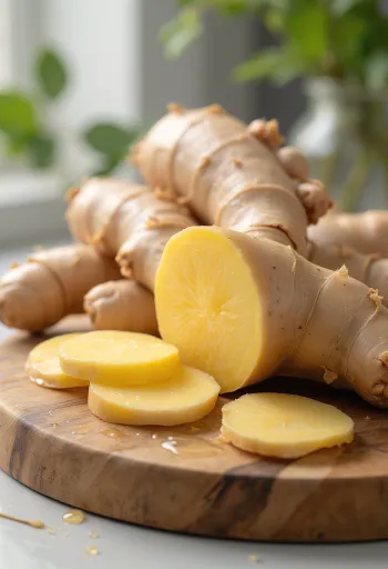 שורש ג׳ינג׳ר טרי, פרוס ומגורר על משטח עץ