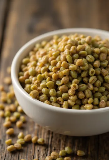 גרגרי כוסמת נאים בקערת קרמיקה ומפוזרים על משטח עץ