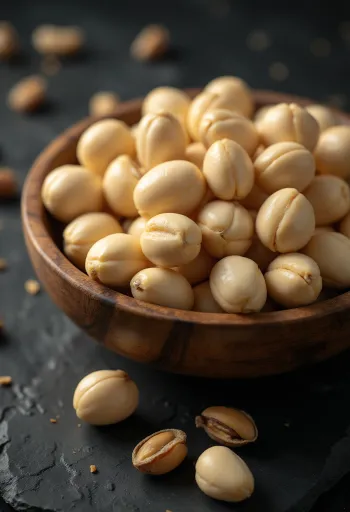 אגוזי מקדמיה קלופים בערימה, כדורים בצבע שמנת