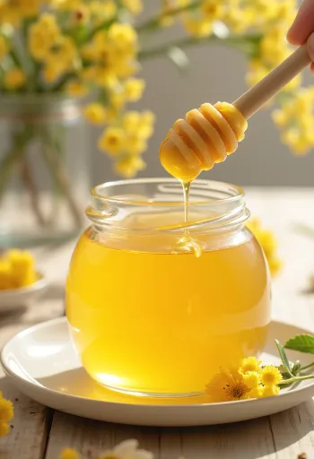 דבש תרזה בצנצנת עם מקל דבש ופרחי תרזה