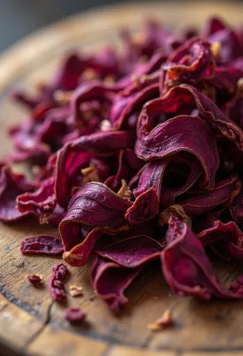 עלי היביסקוס מיובשים בצבע בורדו בקערה, מפוזרים על משטח