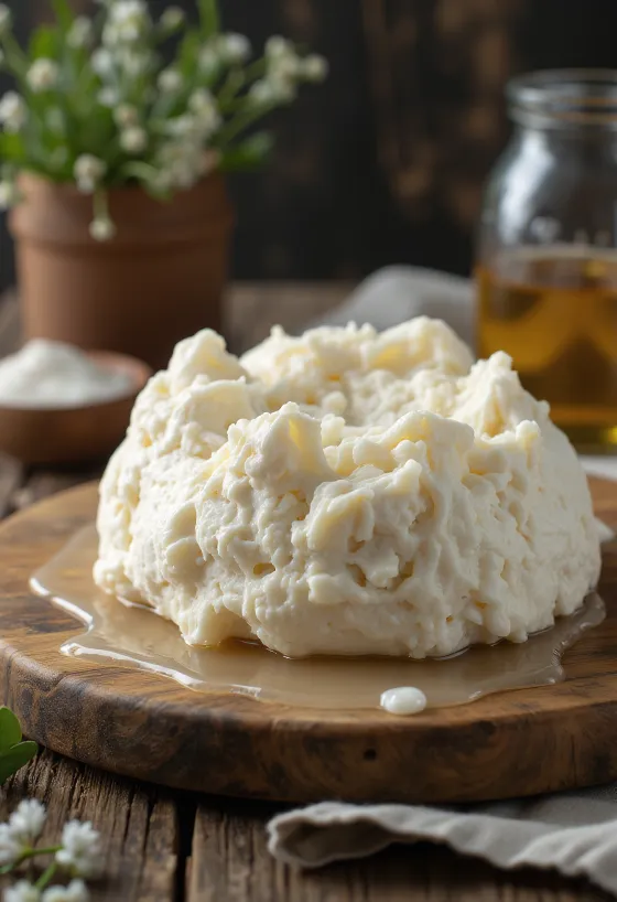 גבינת צאן טרייה (גומוליה) פרוסה על קרש עץ