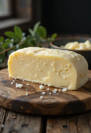 חמאת כבשים בקערית, מרקם קרמי עשיר, על רקע עץ כפרי