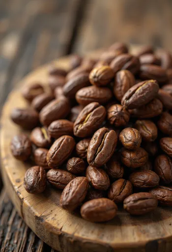 פולי קקאו מותססים ומיובשים לצד שבבי קקאו גרוסים על משטח כפרי