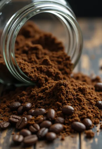 פולי קפה קלויים וקפה טחון עם כף עץ