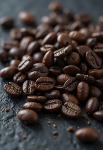 פולי קפה קלויים מפוזרים על משטח עץ כפרי