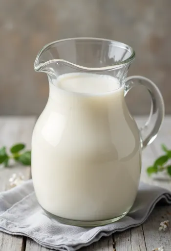 חלב עזים טרי בכוס ובקנקן על משטח מטבח בהיר