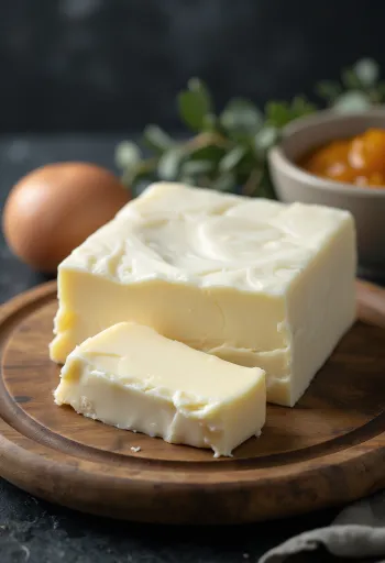 חמאת עזים בקערית קרמיקה, מרקם לבן ורך על עץ כפרי