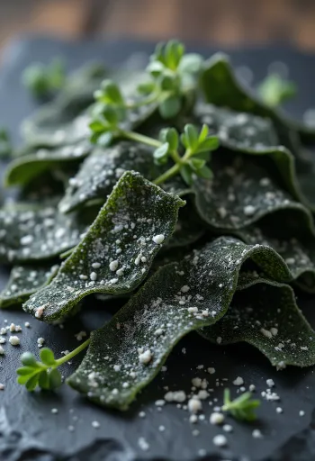 רצועות אצת קומבו מיובשת על משטח עץ, וקערת מים להשריה