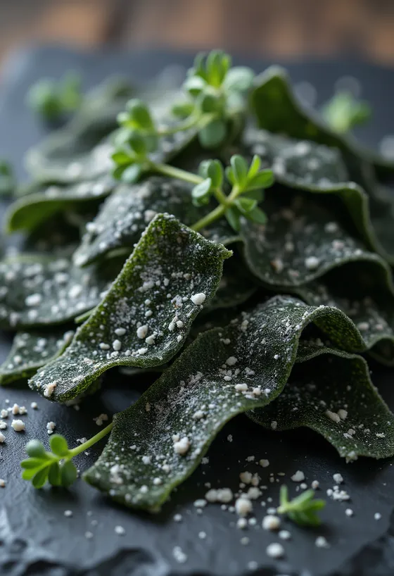 רצועות אצת קומבו מיובשת על משטח עץ, וקערת מים להשריה